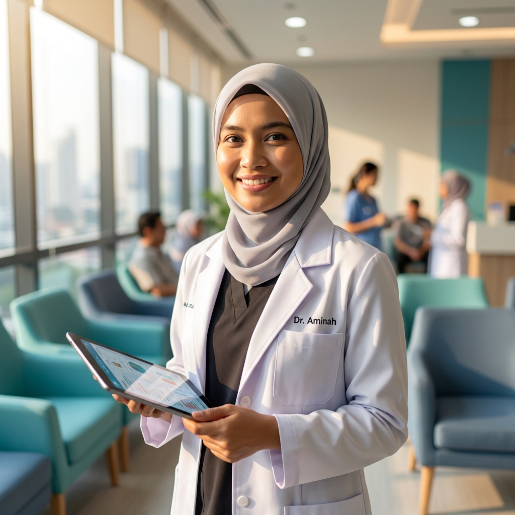 Friendly Malay female doctor holding a tablet